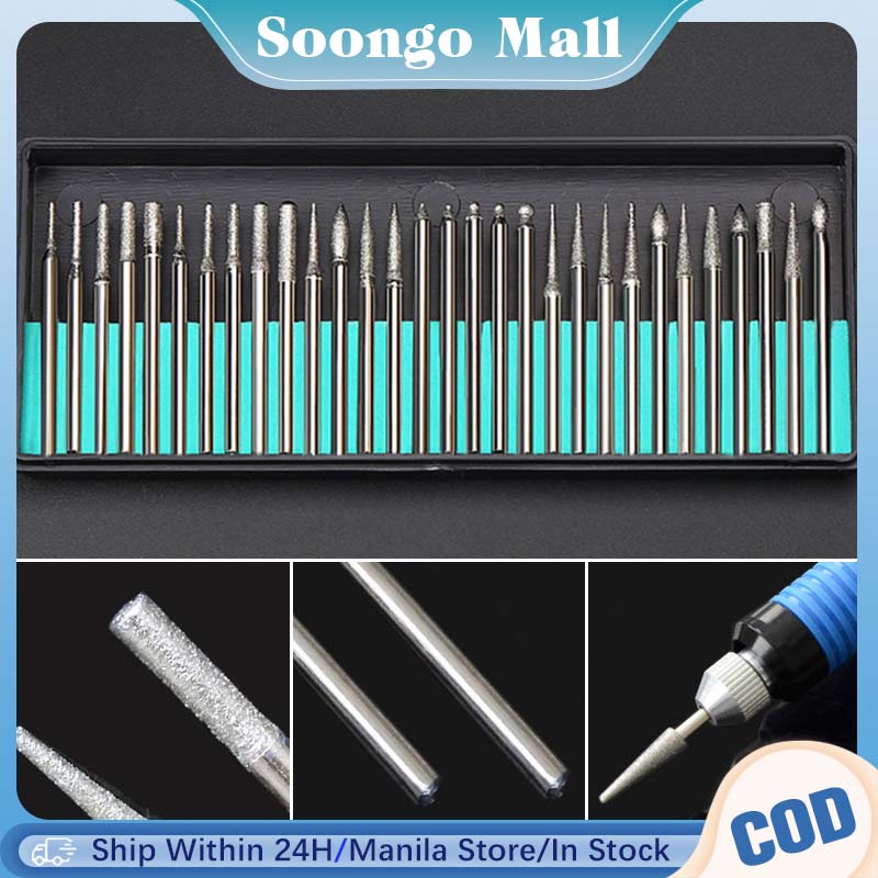 30PCS Diamond Bits 2.35/3mm Shank Diamond Grinding Burr Needle For ...