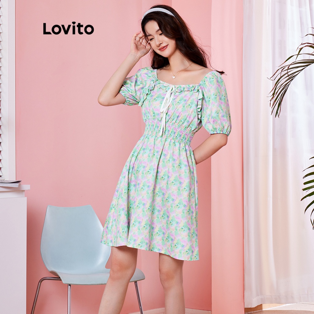 Lovito Exclusive Dopamine Girls Casual Floral Lace Up Ruffle Puff