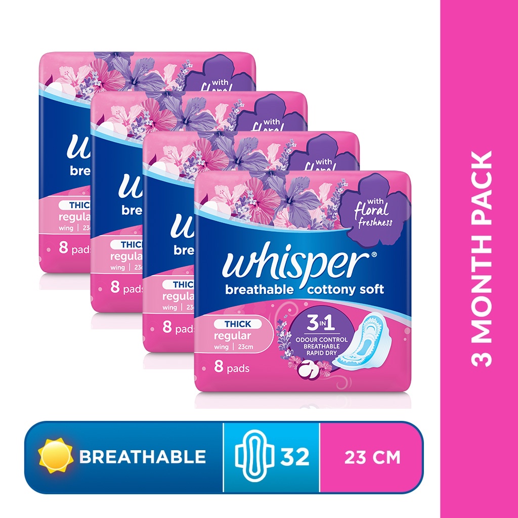 Whisper Breathable Cotton Regular Flow With Wings 32 Sanitary Pads 23cm