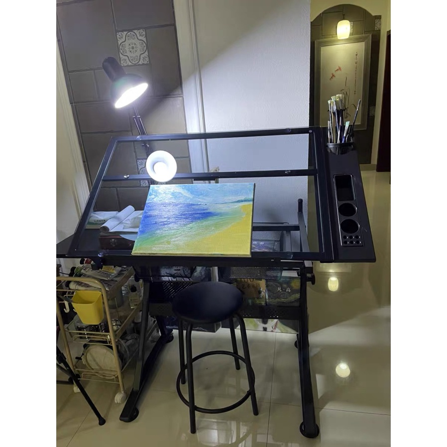 Glass table with light drawing, equipped with additional side table ...