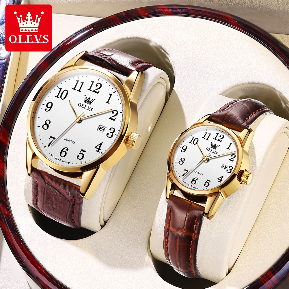 Olevs Couple Watch Leather Strap Waterproof Quartz Watches For Women And  Men Simple Casual Wrist Watch Luxury Brand Authentic With Box