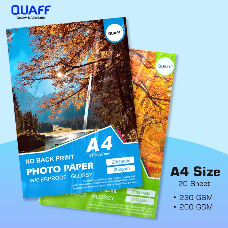 QUAFF No Back Print Photo Paper A4 Size 200gsm - 230gsm (20sheets/pack ...