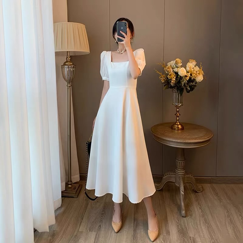 Korean midi white dress for women Casual long dress plus size dress for ...