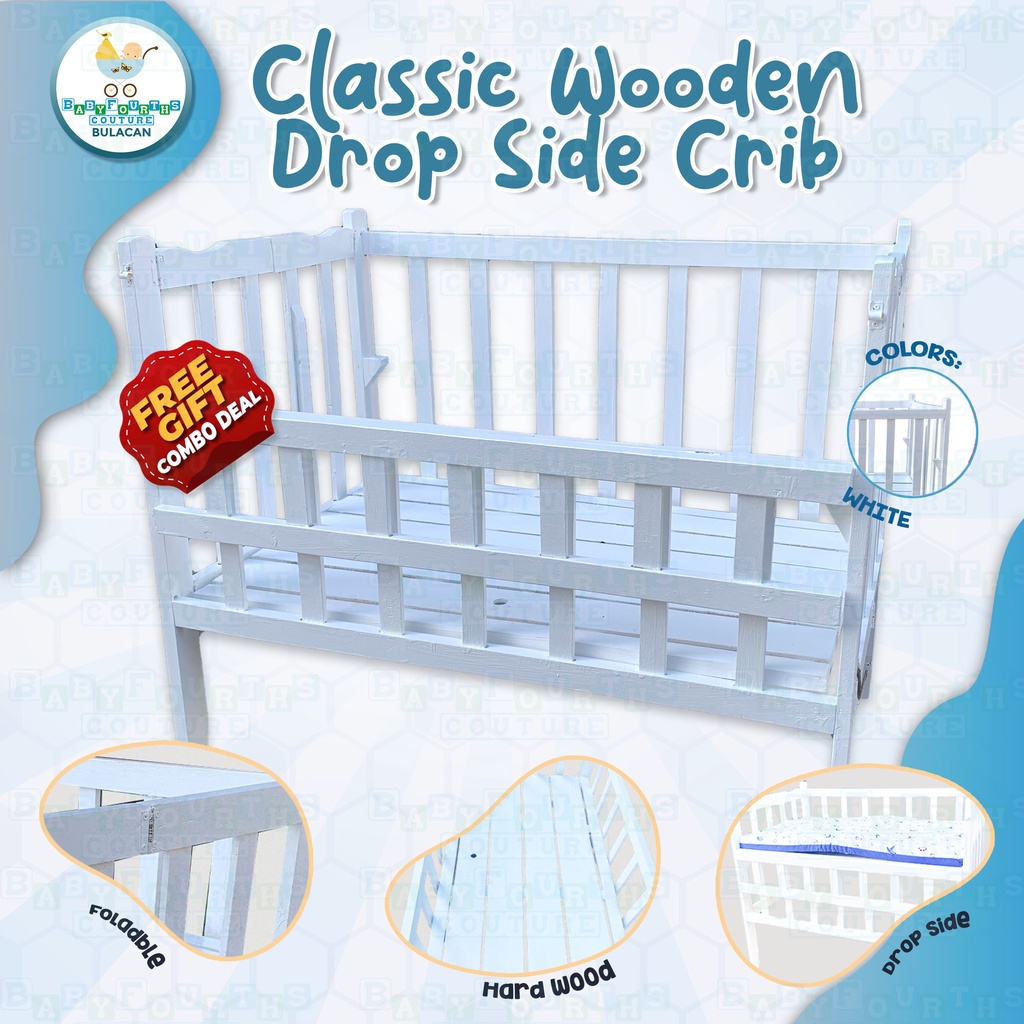 COD Bundle Set Classic Dropside Wooden White Crib for Baby Shopee