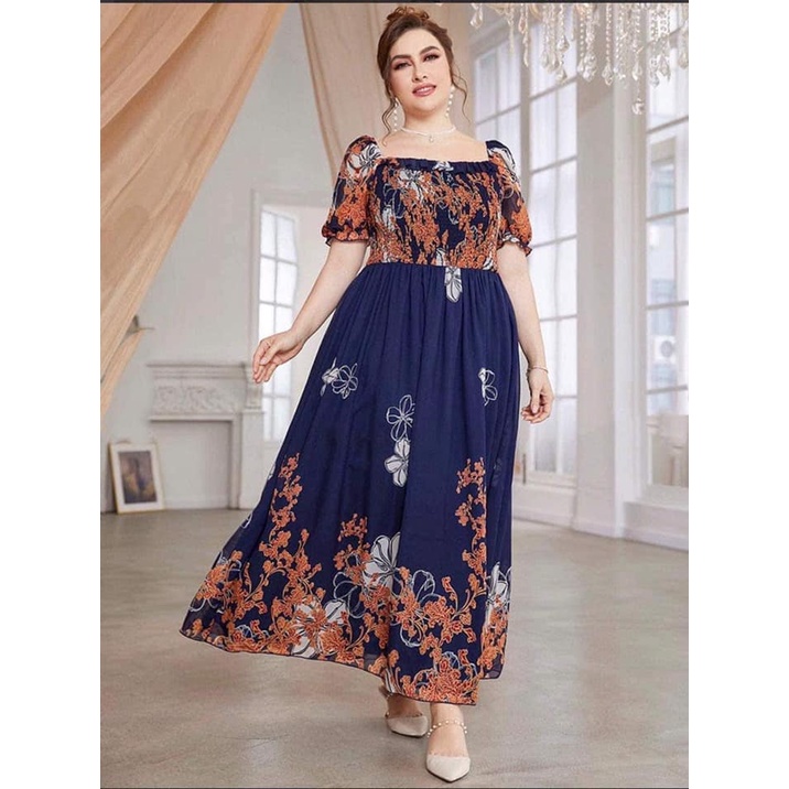 iYun Fashion U.S Elegant Maxi Garterized Plus Size Navy Blue Floral A ...