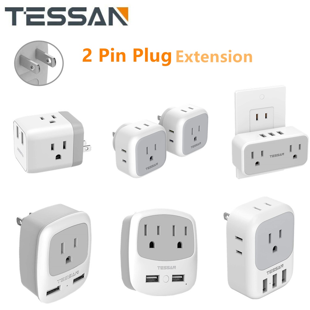 TESSAN Socket Extension Cord with USB,Wall Charger,2 Pin Multi Plug