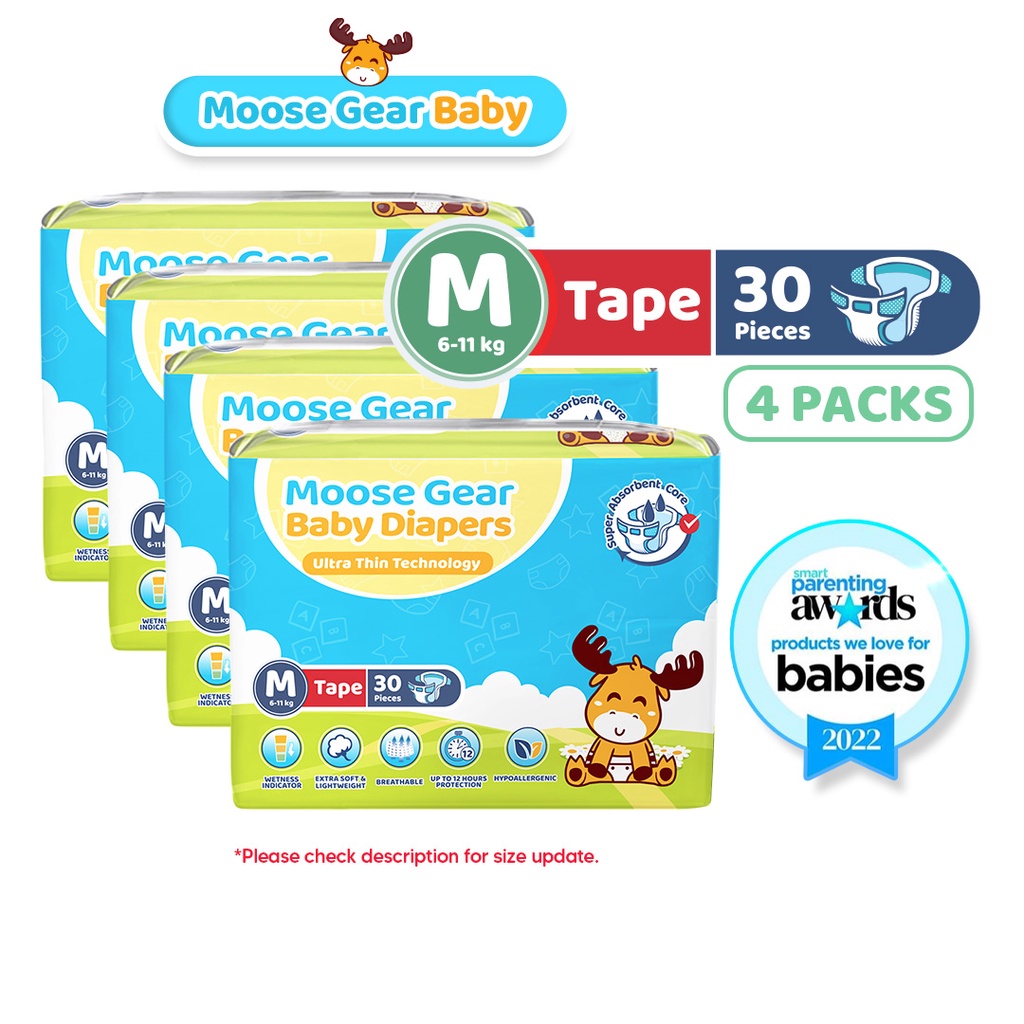 Moose Gear Baby Tape Diaper MEDIUM 120pcs (4PACKS) Super Absorbent No