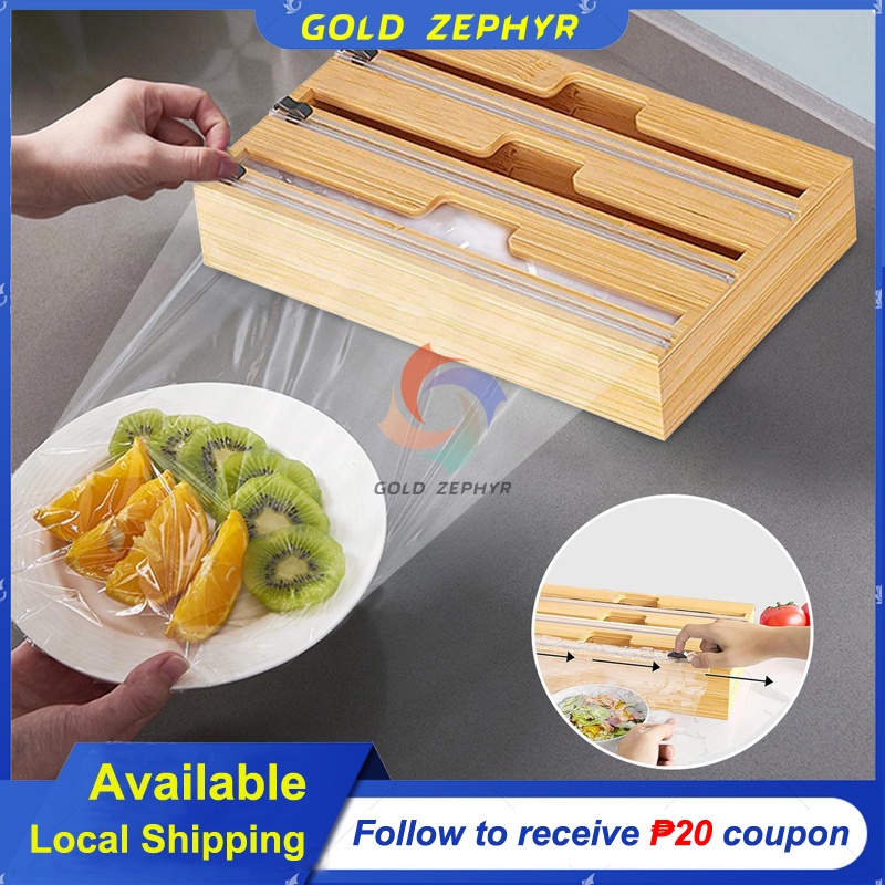 EcoFriendly Bamboo Dispenser with Cutter and Storage for Cling Wrap, Foil, Wax, and Parchment