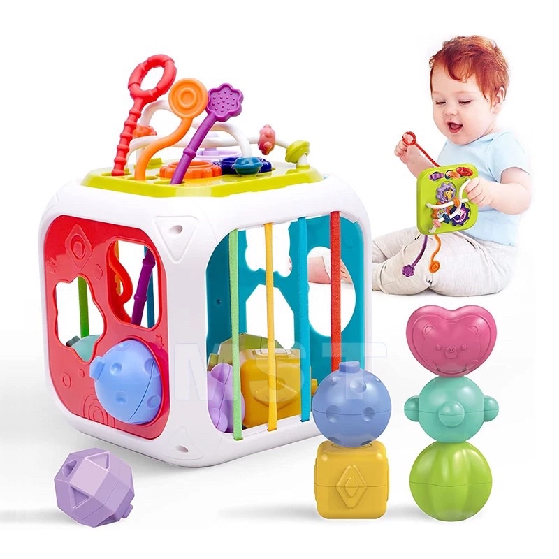 7 in 1 Baby Sensory Shapes Blocks Pull String Activity Cube Montessori ...