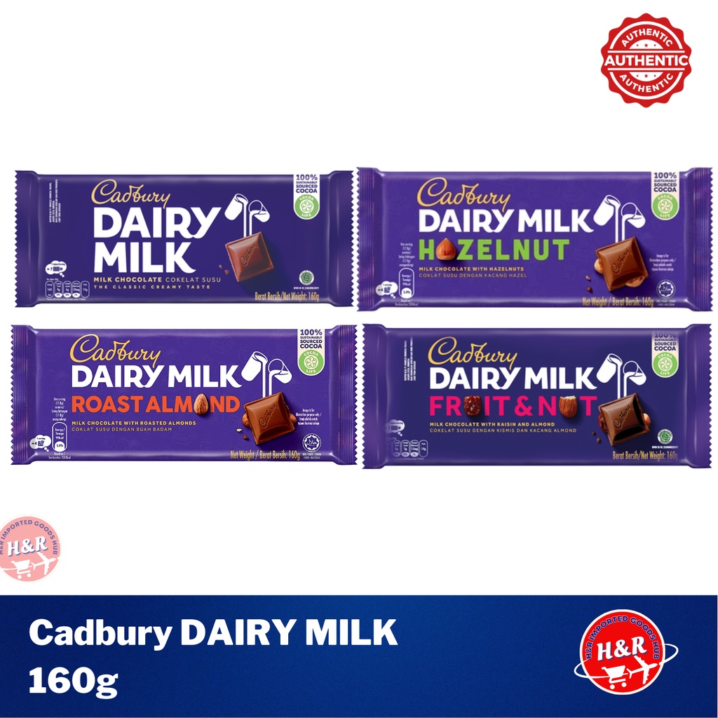 Cadbury DAIRY MILK Chocolate Bar 160G Classic/ Roast Almond/ Hazelnut