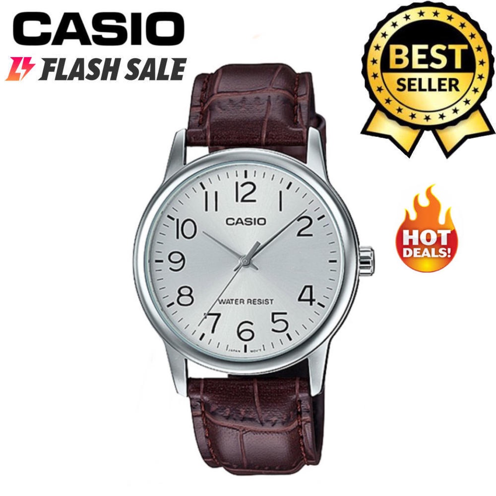 Casio V002 Quartz Silver Dial Brown Leather Band Watch for Men(Brown