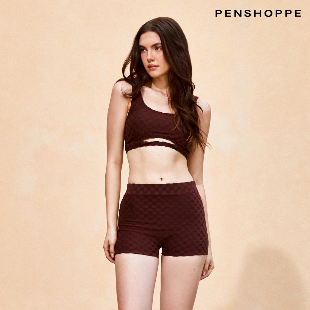 Penshoppe Core Two-piece Textured Swim Shorts Swimsuit For Women (Amber  Brown)