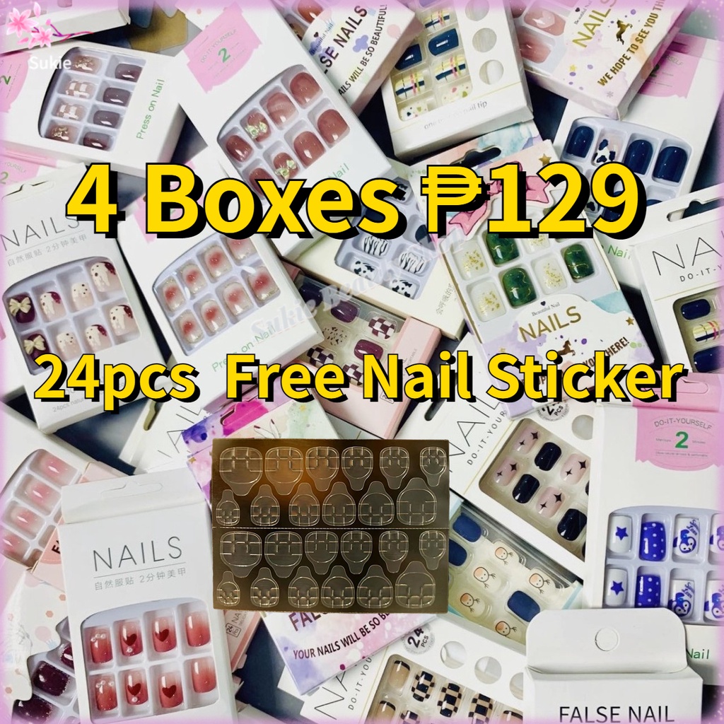【Free Nail sticker/4 Boxes 129P】24pcs Fake Nails Set With Glue False
