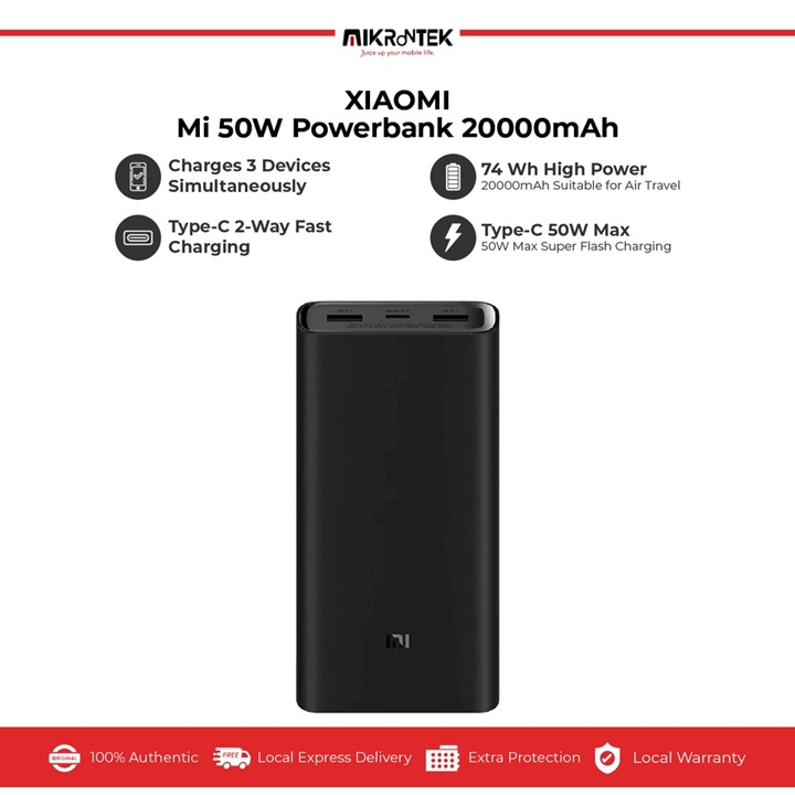 Xiaomi Mi Powerbank 20000mAh 50W TypeC Dual Way Fast Charge 74Wh High