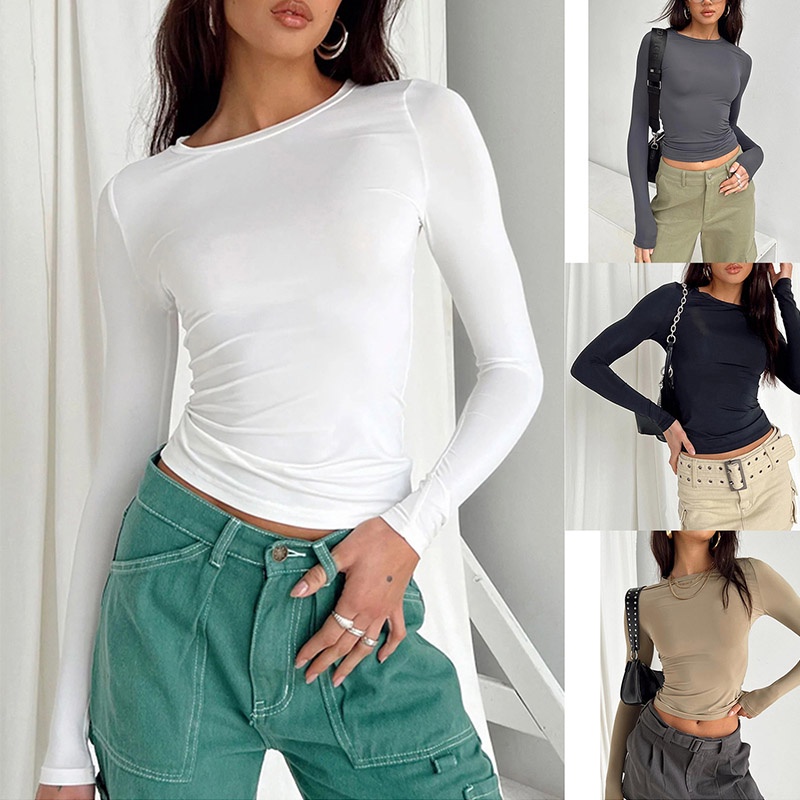 Women Casual Basic Long Sleeve T Shirts Spring Autumn Solid Slim Fit