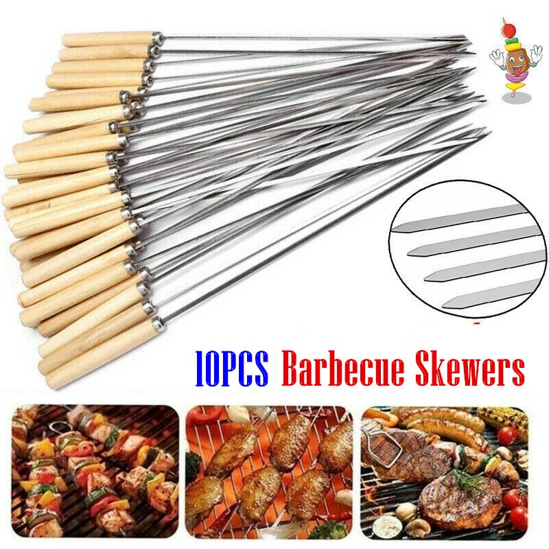10PCS Barbecue Skewers Wooden Handle Stainless Steel BBQ Round Needle