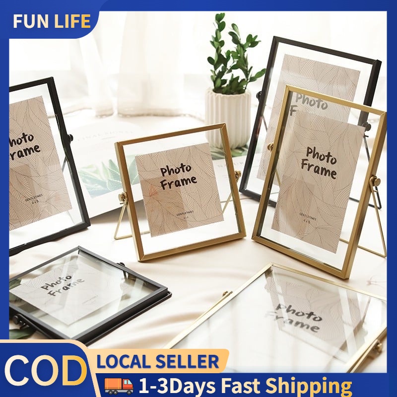 Gold Metal and Glass Photo Frame Folding Wire Desktop Picture Brass