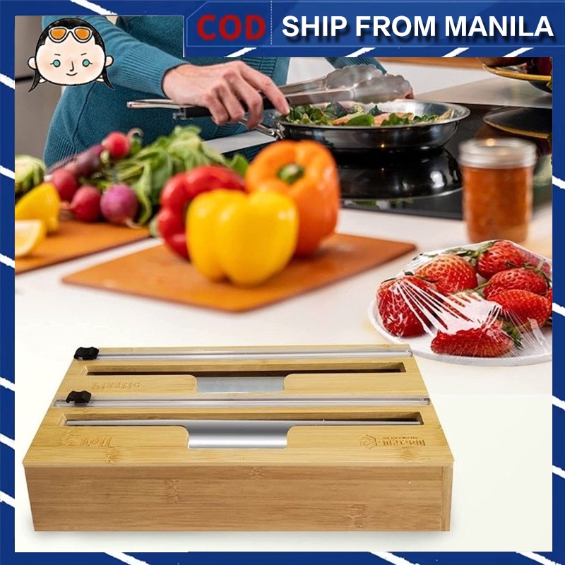 Bamboo Cling Wrap Dispenser w/ Cutter Storage Organizer Plastic Wrap