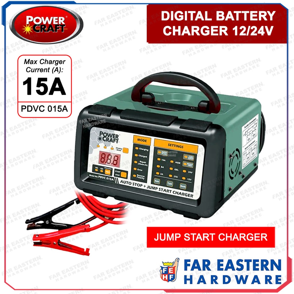 POWERCRAFT Digital Car Battery Charger 15A Smart Jump Start PDVC 015A