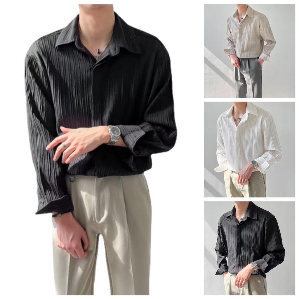 NP Men's Korean Style Loose Long Sleeve Shirt Striped Pleated Shirt ...