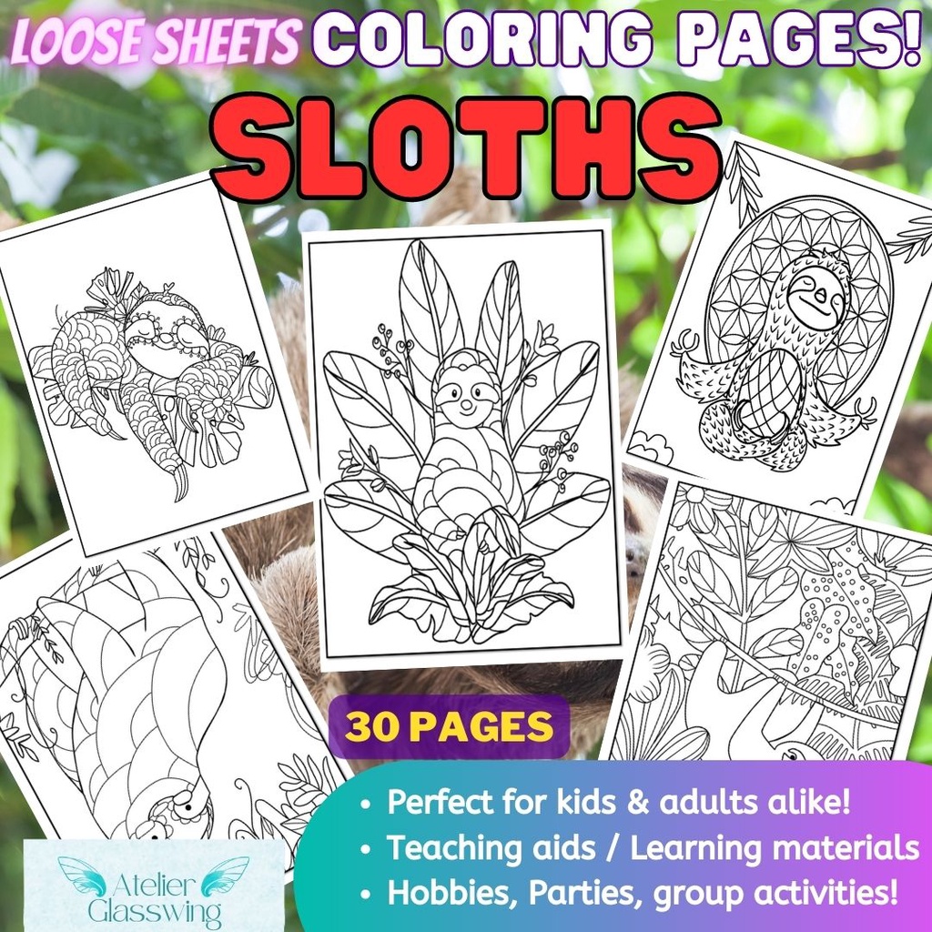 SLOTHS Coloring pages for adults! 30 loose coloring sheets for fun