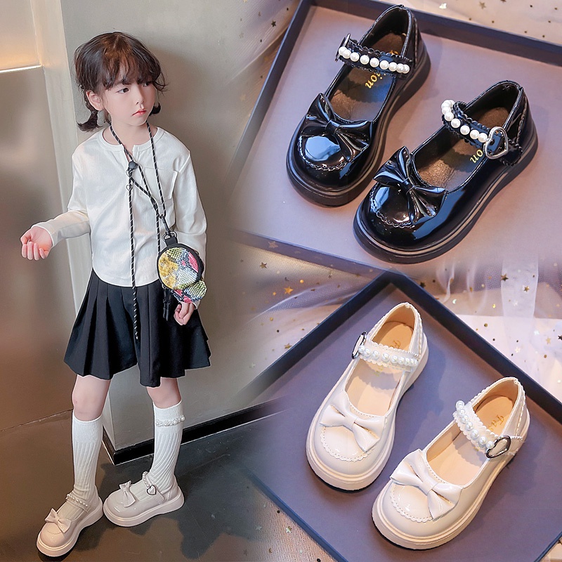 Black shoes for kids girl school shoes flat leather shoes for kids doll