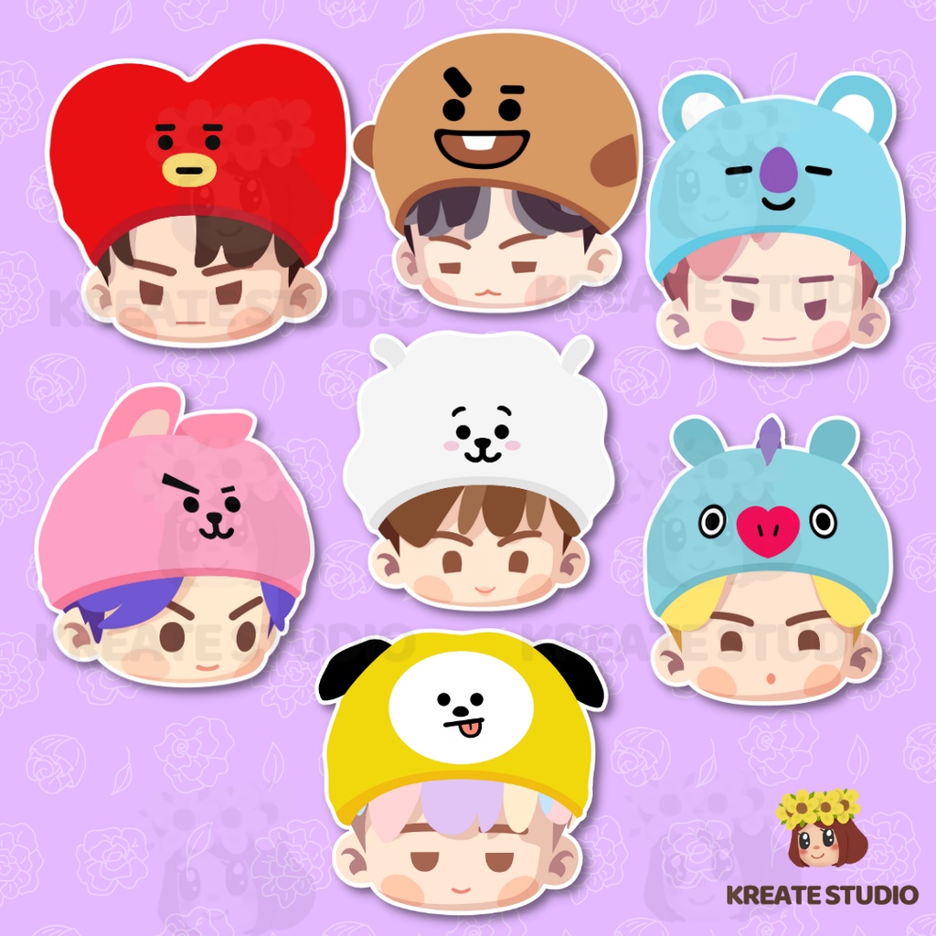 BTS MEMBER WITH BT21 HAT BUBBLE HEAD (IN THE SEOM) - Waterproof Vinyl ...