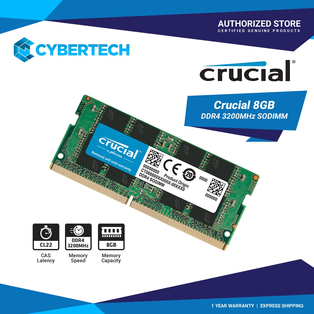 Crucial 8GB 16GB DDR4 3200MHz SODIMM Laptop Memory (CT8G4SFRA32A