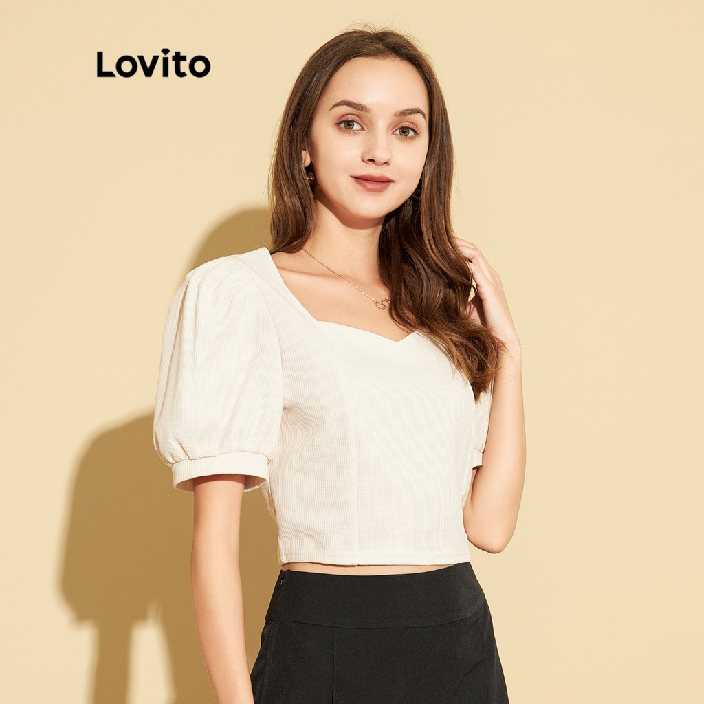 KOL S Pick Lovito Elegant Plain Square Neck Puff Sleeve Textured