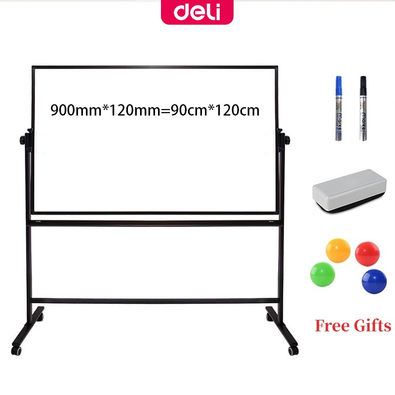 Deli 90*120cm DoubleSided Aluminum White Board Whiteboard Movable On Wheels