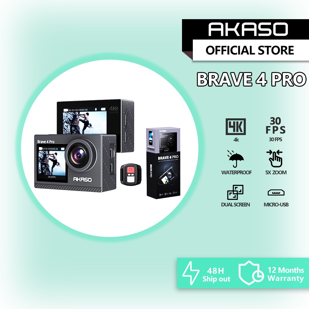 Akaso Brave 4 Pro Action Camera 4K 30FPS Dualcolor Screen 5x Zoom 40M