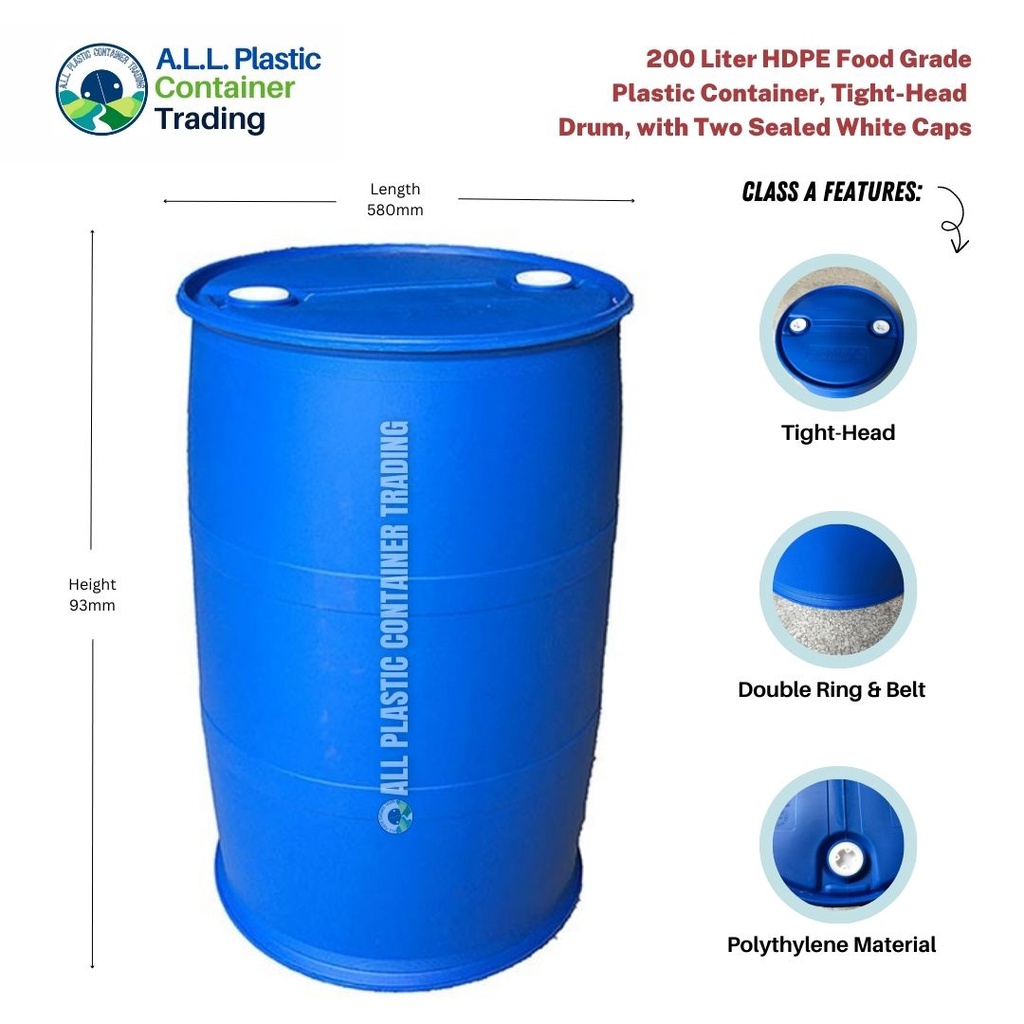 200 Liter Double Ring Blue Plastic Container Drum Tight Head Hdpe Material Heavy Duty Food 9436