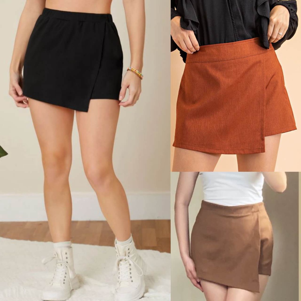 Women's Front Skort Shorts with Skirt Flap Solid Wrap Garterized Back Palda  Shorts Free size