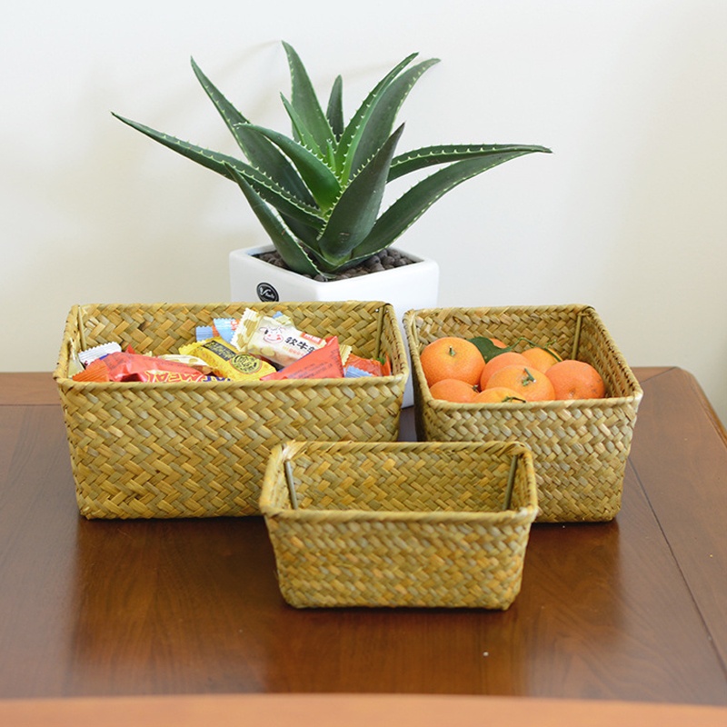 Seagrass Storage Baskets Straw Rattan Basket Desk Organizer Picnic