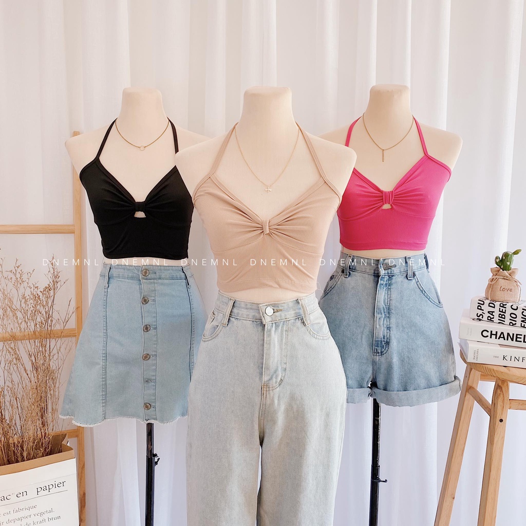 Dnemnlph Riri Ribbon Ribbed Halter Cropped Top Trendy Korean Bkk Knitted Casual Sexy Simple