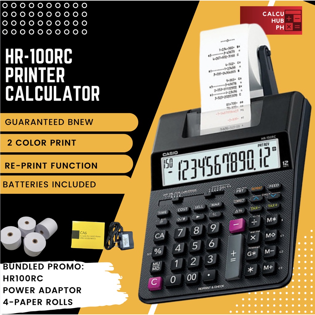 CASIO HR100RC PRINTING CALCULATOR WITH BUNDLED PAPER ROLLS AND POWER