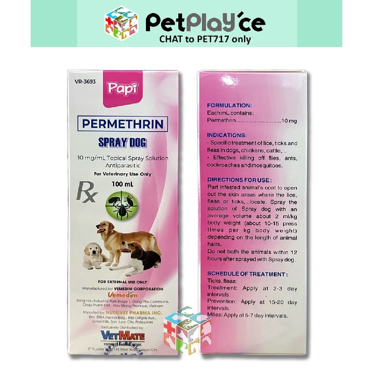 Papi SPRAY DOG Permethrin Topical Spray Solution, Antiparasitic 100ml