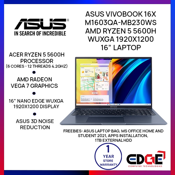 Edge Asus Vivobook 16x M1603qa Mb230ws Amd Ryzen 5 5600h Wuxga 1920x1200 16 Laptop Shopee 1838