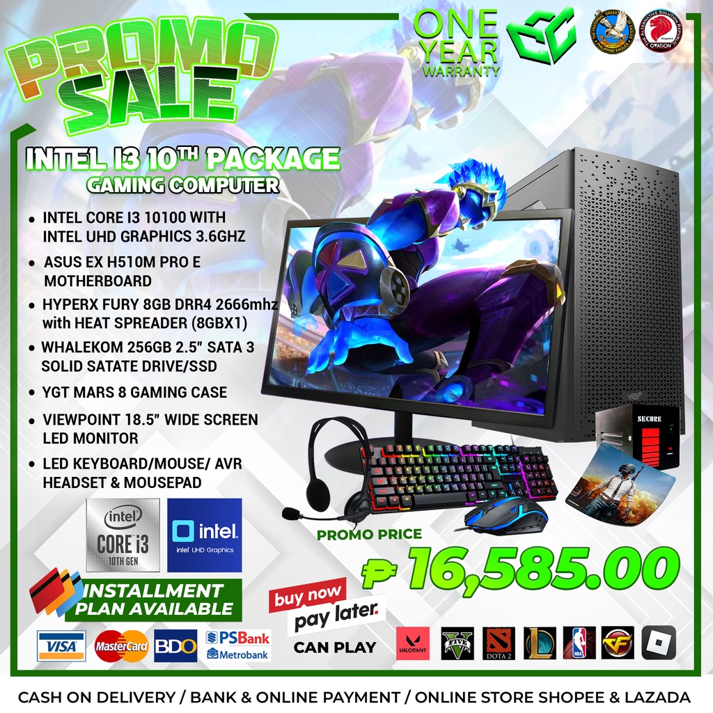 INTEL I3 10TH GEN COMPUTER SET 10100 ASUS MOTHERBOARD HYPERX FURY 8GB