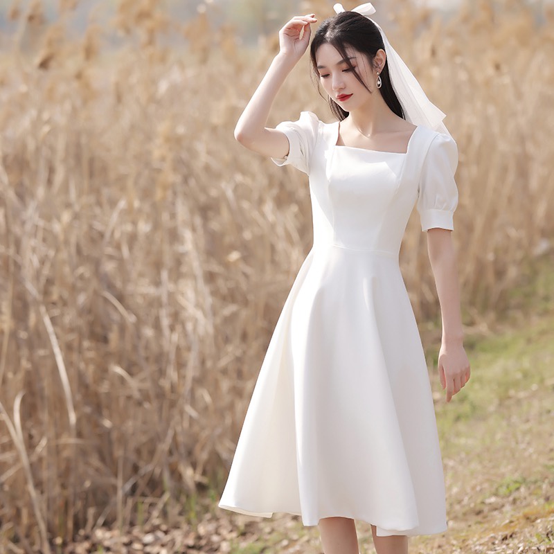 korean plain simple elegant civil wedding dress white plus size xL summer  sexy puff sleeve Fitted dress formal debut cocktail dress for teens dress  long dress for woman casual | Shopee Philippines
