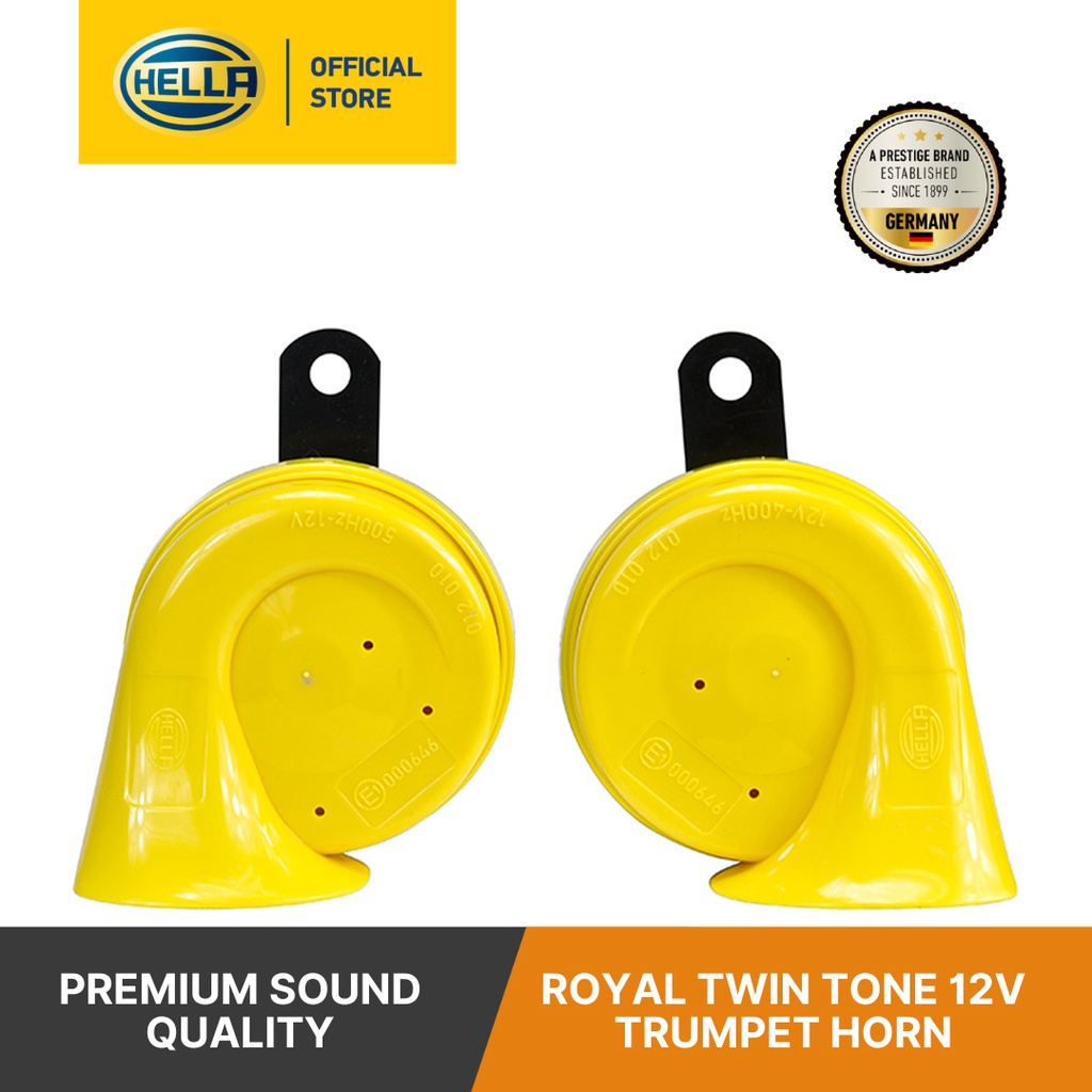 HELLA Royal Twin Tone 12V Trumpet Horn Set Of 2 012 010 821 Yellow