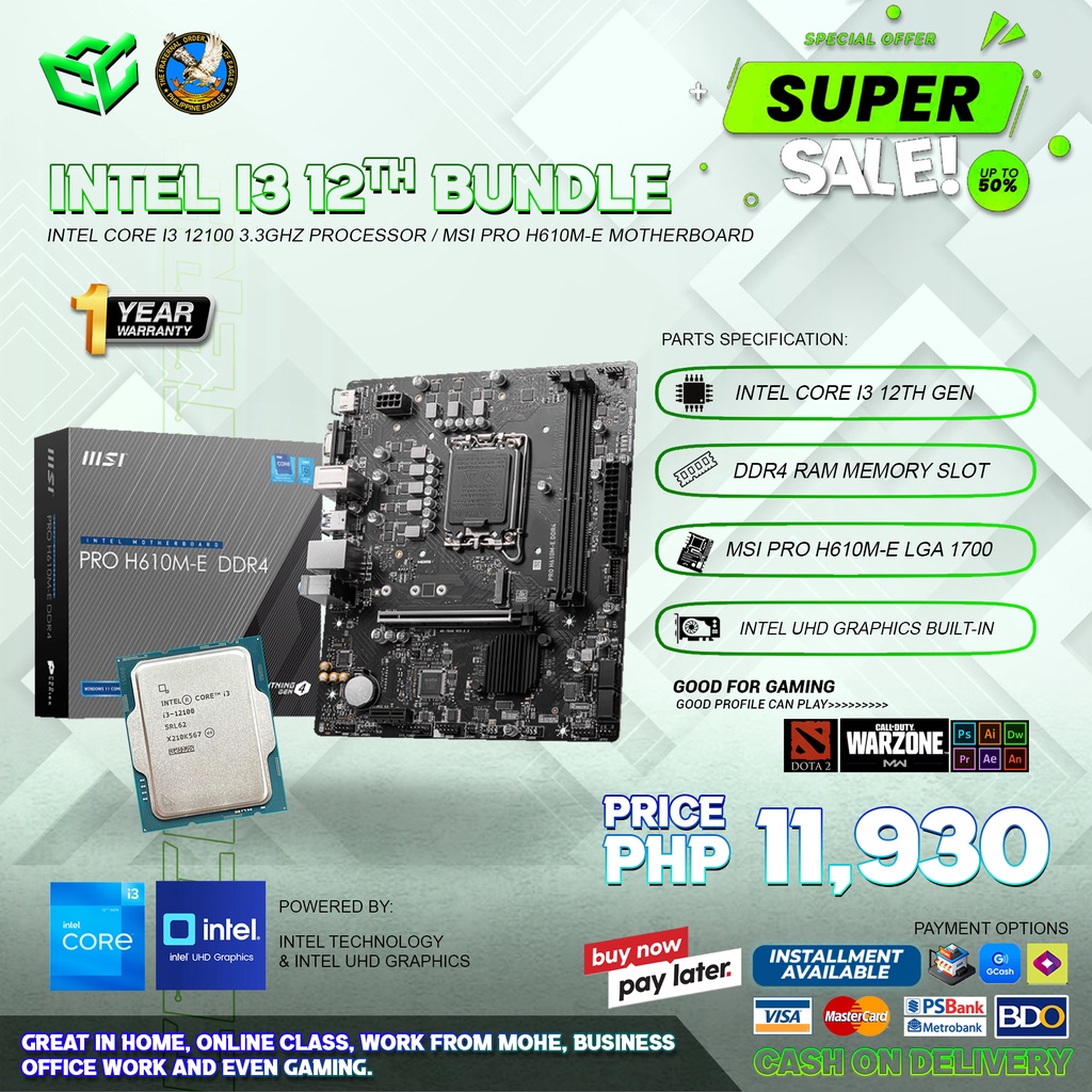 BUNDLE INTEL I3 12TH GEn. DDR4 MEMORY SLOT MSI PRO H610M-E LGA 1700 ...