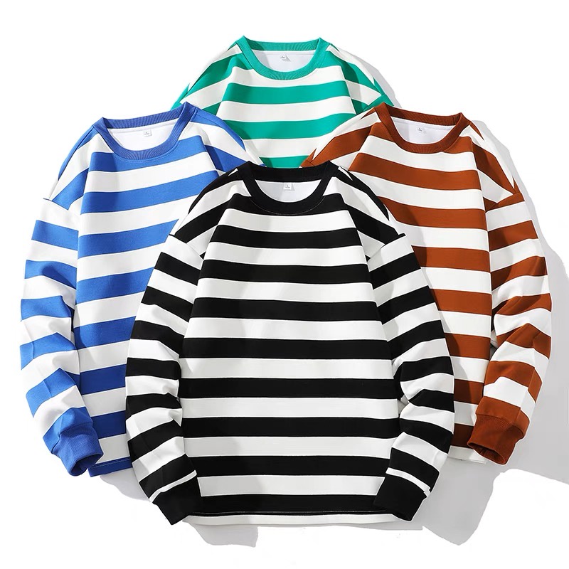 Unisex Stripes Crew Neck Longsleeve Pure Cotton Sweaters | Shopee ...