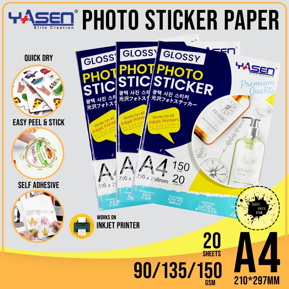Yasen Photo Sticker Paper A4 [135GSM 150GSM 90GSM] 20 Sheets for