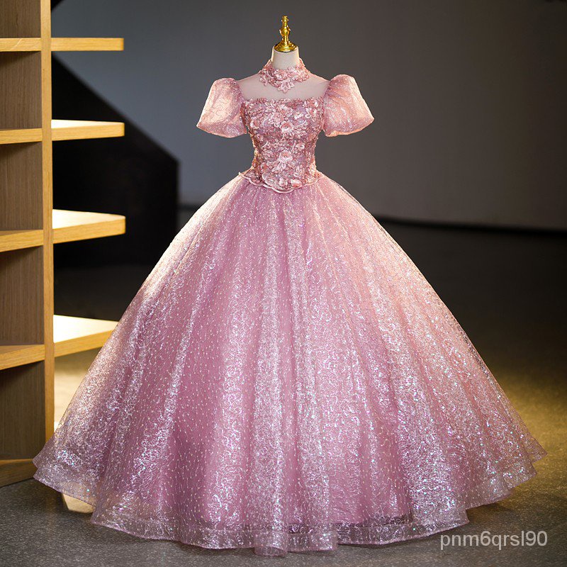 Pink Quinceanera Dress Luxury High-neck Party Dress Puff Sleeve Ball ...