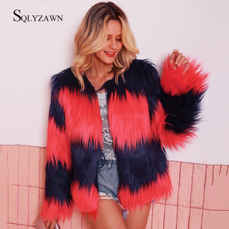 9vaN Winter Women Faux Fur Colorblock Stripe Teddy Jacket Furry Blue