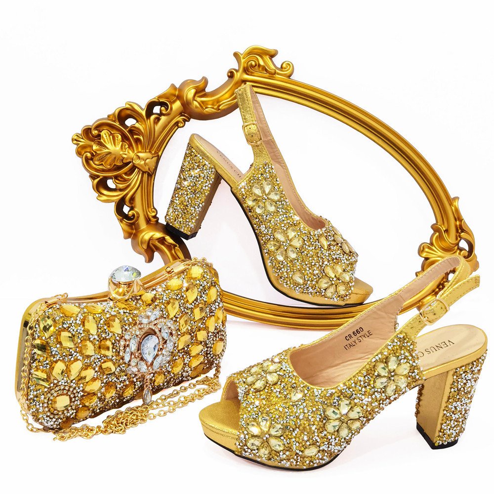 Summer Golden Color Decorated With Rhinestone Shoes And Bag Set African ...