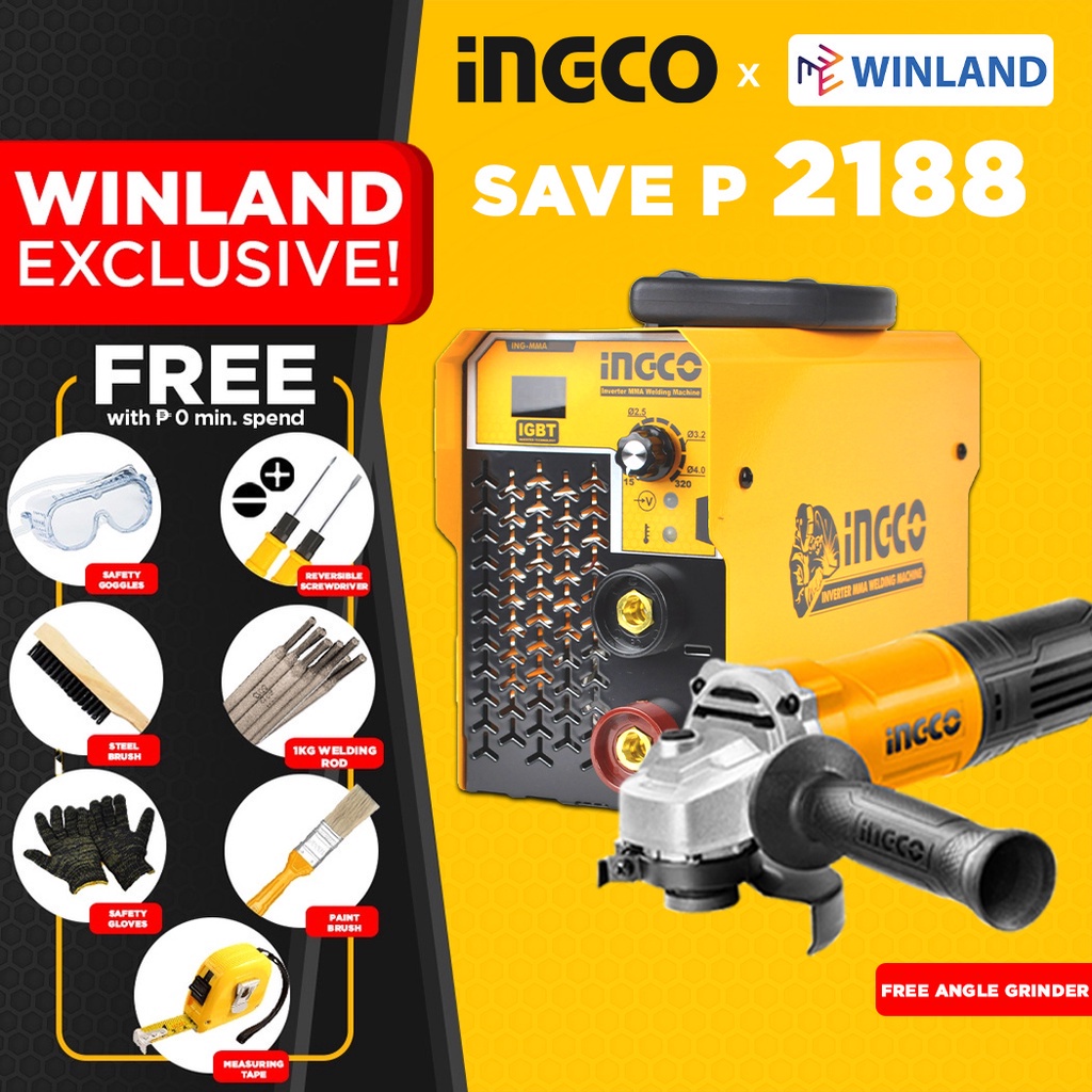 INGCO by Winland Portable Welding Machine Inverter IGBT ARC MMA w/ Free