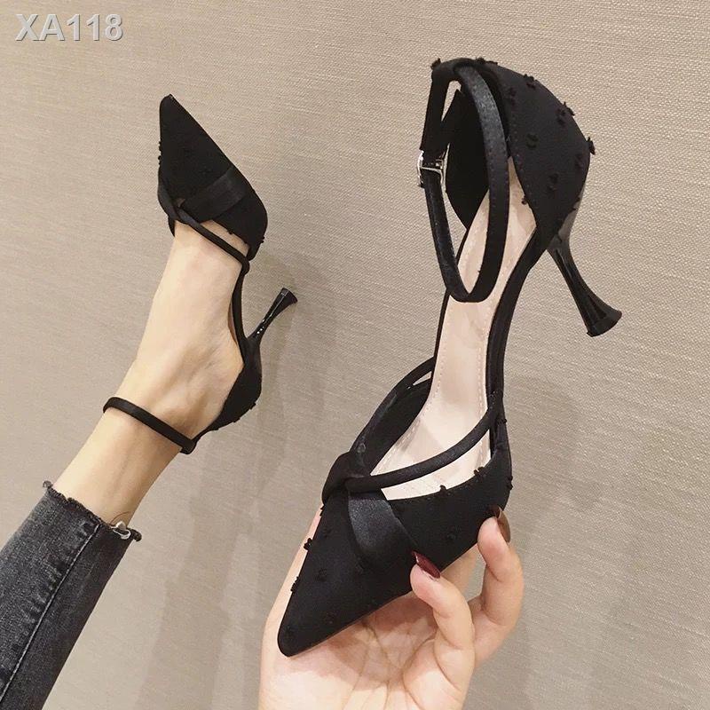 One word belt French girl net red small highheeled shoes female Douyin