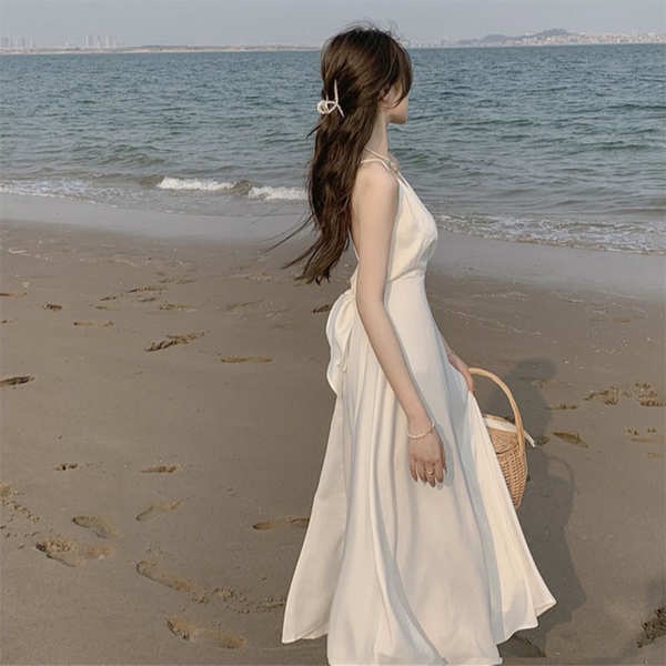 hawaiian outfit for women French White Backless Sling Dress Women s Summer Waist Long Dress Sanya Travel Wear Seaside Holiday Beach Dress Shopee Philippines